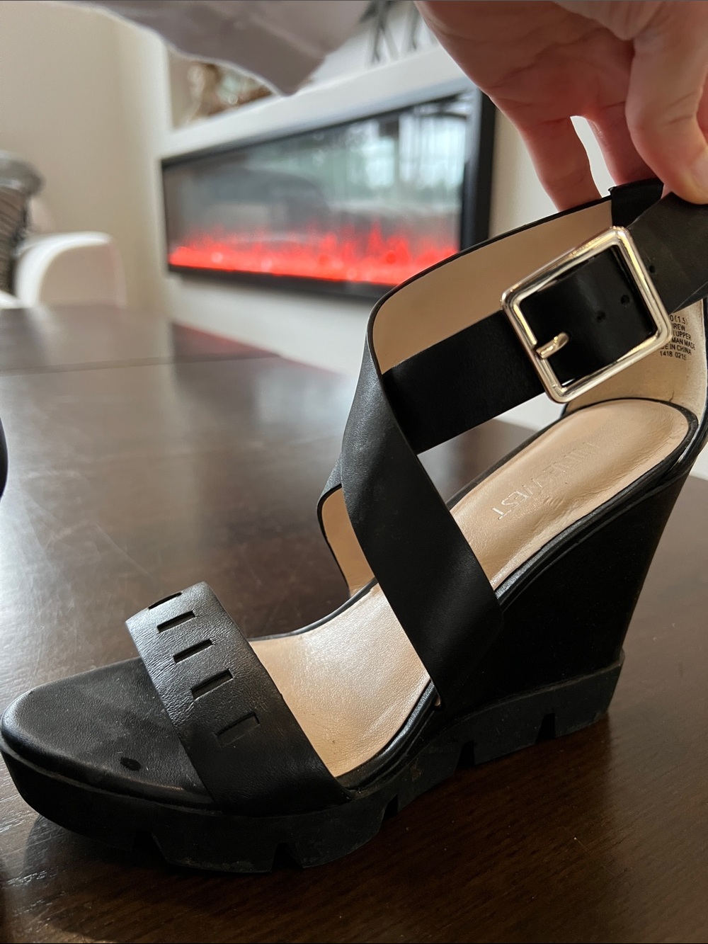 Nine West Black Leather Wedge Sandals with Gold Buckle